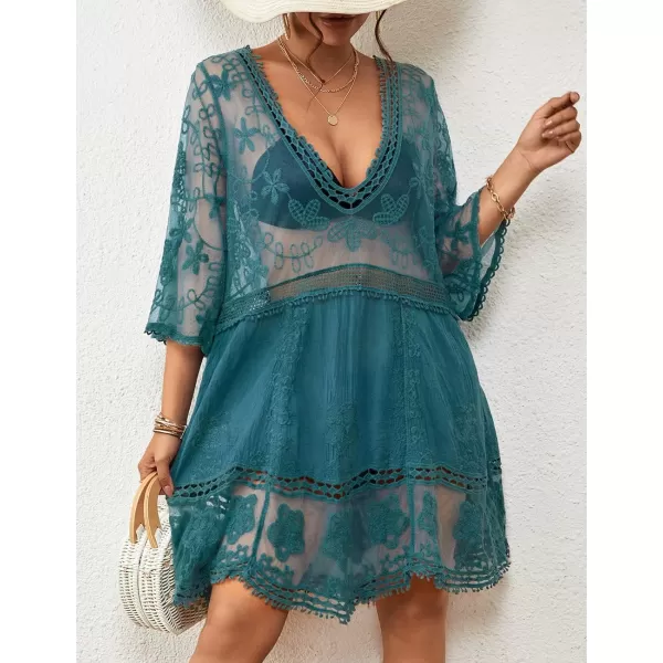 Bsubseach Women Lace Embroidered Swimsuit Cover Up Hollow Out Beach Dress Bikini Coverup