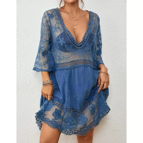 Bsubseach Women Lace Embroidered Swimsuit Cover Up Hollow Out Beach Dress Bikini Coverup