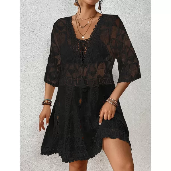 Bsubseach Women Lace Embroidered Swimsuit Cover Up Hollow Out Beach Dress Bikini Coverup