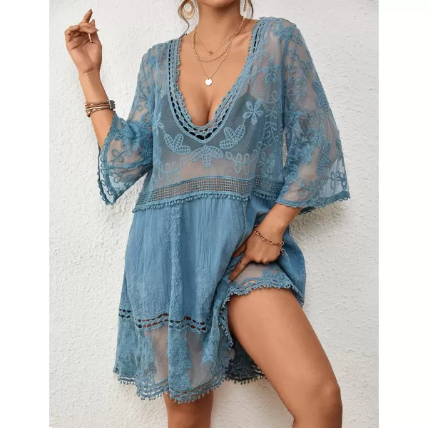 Bsubseach Women Lace Embroidered Swimsuit Cover Up Hollow Out Beach Dress Bikini Coverup
