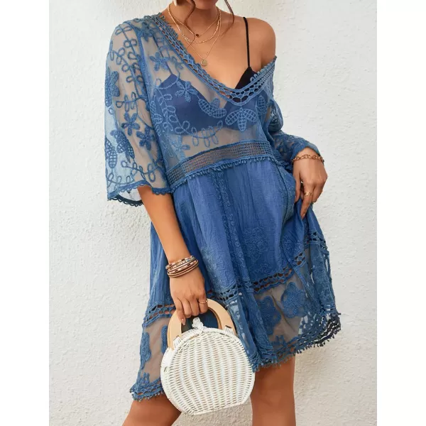 Bsubseach Women Lace Embroidered Swimsuit Cover Up Hollow Out Beach Dress Bikini Coverup