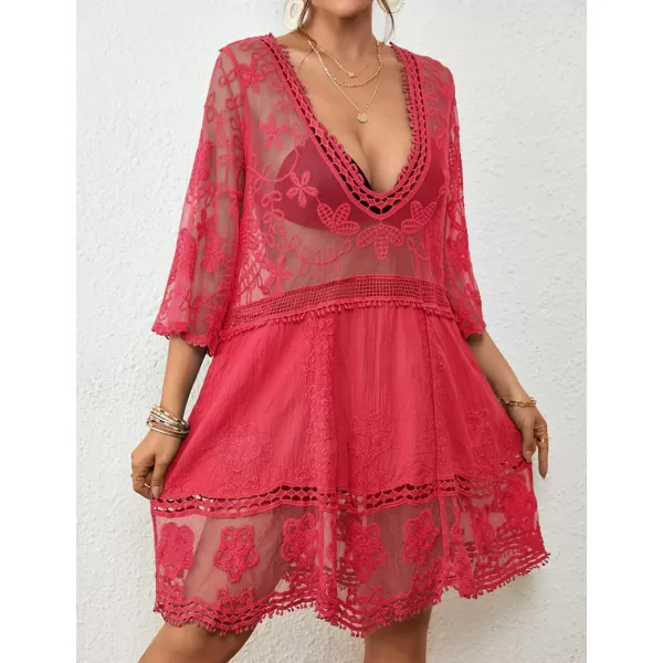 Bsubseach Women Lace Embroidered Swimsuit Cover Up Hollow Out Beach Dress Bikini Coverup