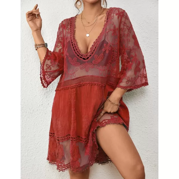 Bsubseach Women Lace Embroidered Swimsuit Cover Up Hollow Out Beach Dress Bikini Coverup