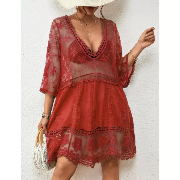 Bsubseach Women Lace Embroidered Swimsuit Cover Up Hollow Out Beach Dress Bikini Coverup