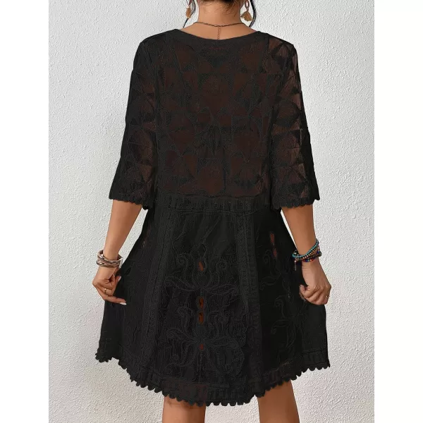Bsubseach Women Lace Embroidered Swimsuit Cover Up Hollow Out Beach Dress Bikini Coverup