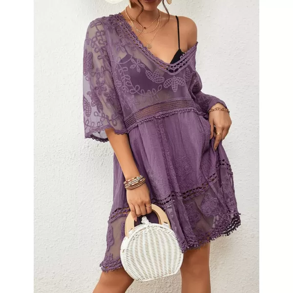 Bsubseach Women Lace Embroidered Swimsuit Cover Up Hollow Out Beach Dress Bikini Coverup
