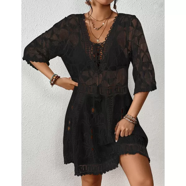Bsubseach Women Lace Embroidered Swimsuit Cover Up Hollow Out Beach Dress Bikini Coverup