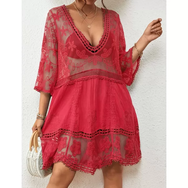 Bsubseach Women Lace Embroidered Swimsuit Cover Up Hollow Out Beach Dress Bikini Coverup