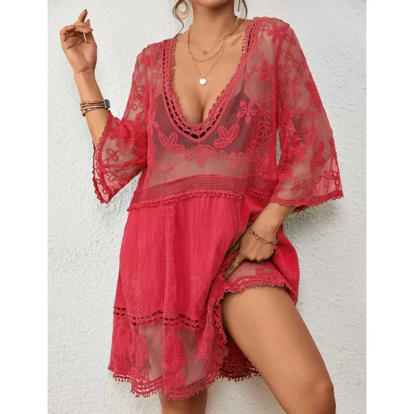Bsubseach Women Lace Embroidered Swimsuit Cover Up Hollow Out Beach Dress Bikini Coverup