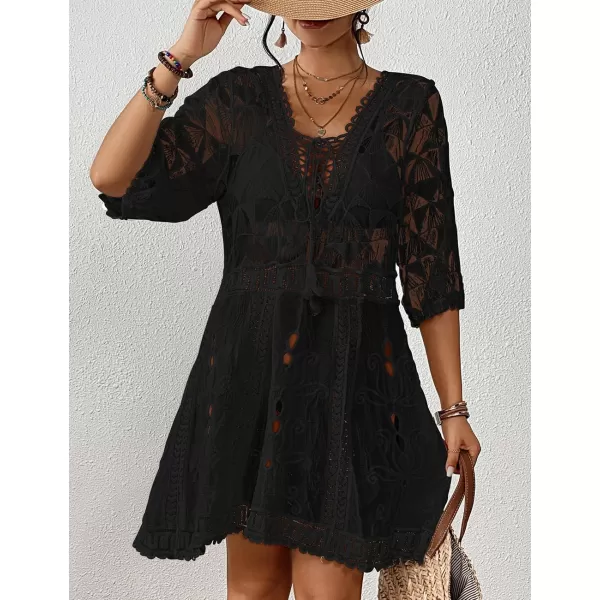 Bsubseach Women Lace Embroidered Swimsuit Cover Up Hollow Out Beach Dress Bikini Coverup