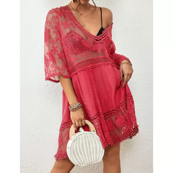 Bsubseach Women Lace Embroidered Swimsuit Cover Up Hollow Out Beach Dress Bikini Coverup