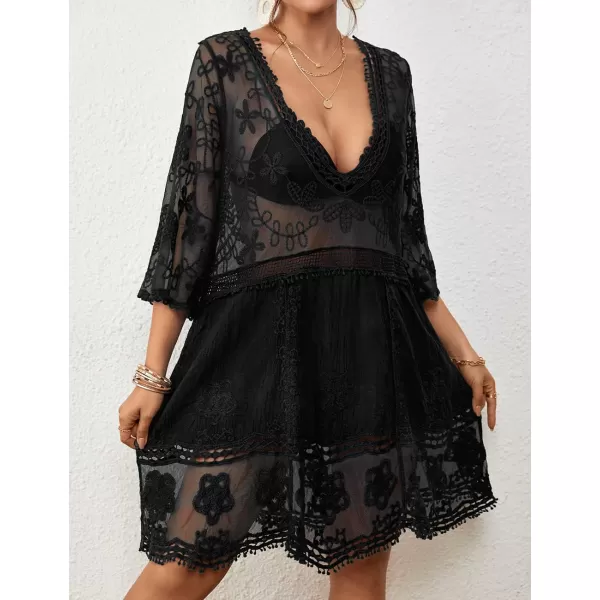 Bsubseach Women Lace Embroidered Swimsuit Cover Up Hollow Out Beach Dress Bikini Coverup