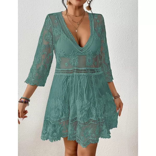 Bsubseach Women Lace Embroidered Swimsuit Cover Up Hollow Out Beach Dress Bikini Coverup