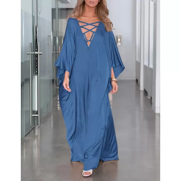 Bsubseach Women Lace Up V Neck Bikini Swimsuit Cover Up Batwing Sleeve Satin Beach Dress