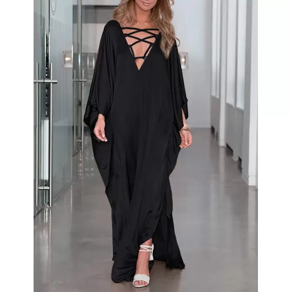 Bsubseach Women Lace Up V Neck Bikini Swimsuit Cover Up Batwing Sleeve Satin Beach Dress