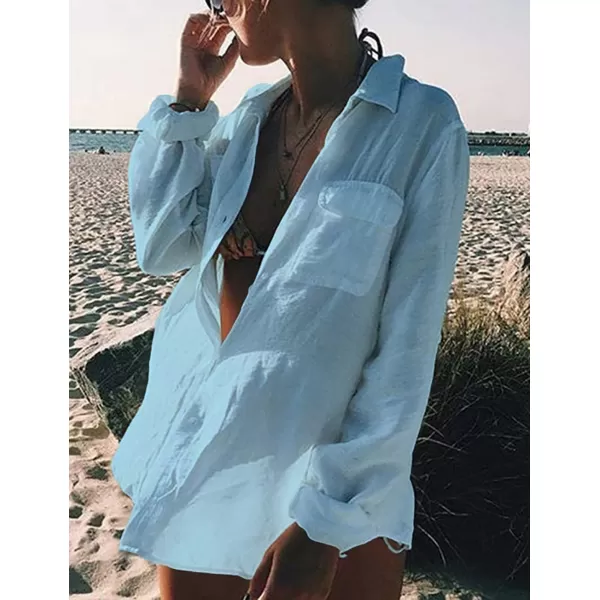 Bsubseach Women Long Sleeve Beach Shirt Blouses Bathing Suit Cover Up Button Down Collar