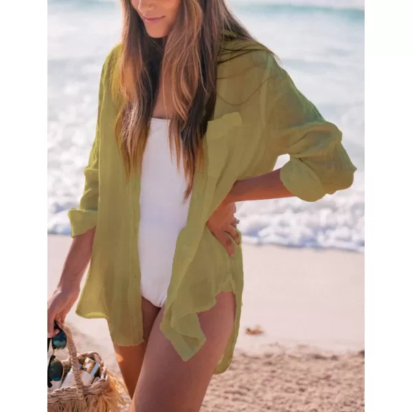 Bsubseach Women Long Sleeve Beach Shirt Blouses Bathing Suit Cover Up Button Down Collar