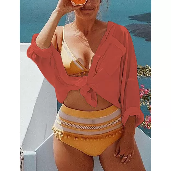 Bsubseach Women Long Sleeve Beach Shirt Blouses Bathing Suit Cover Up Button Down Collar