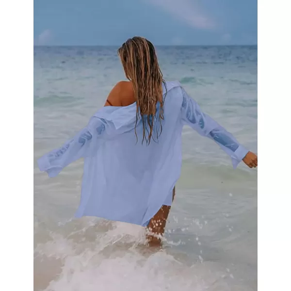 Bsubseach Women Long Sleeve Beach Shirt Blouses Bathing Suit Cover Up Button Down Collar