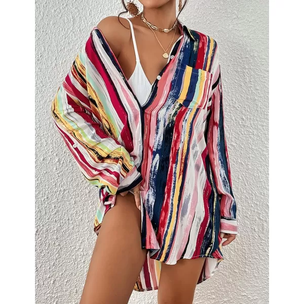 Bsubseach Women Long Sleeve Beach Shirt Blouses Bathing Suit Cover Up Button Down Collar