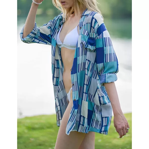 Bsubseach Women Long Sleeve Beach Shirt Blouses Bathing Suit Cover Up Button Down Collar