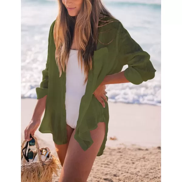 Bsubseach Women Long Sleeve Beach Shirt Blouses Bathing Suit Cover Up Button Down Collar
