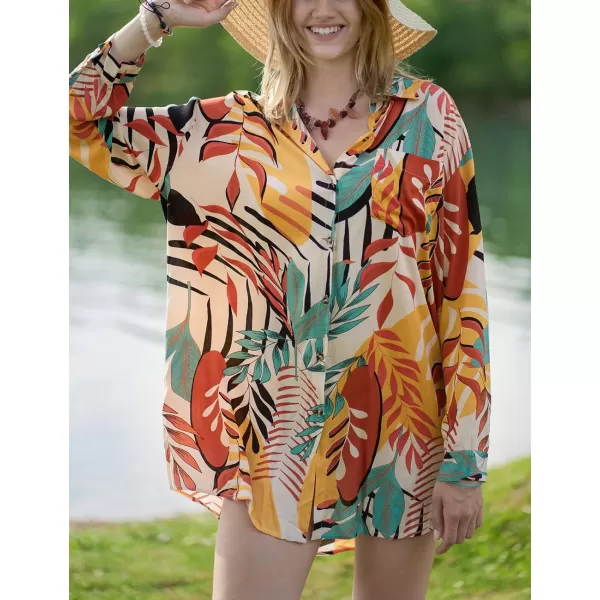 Bsubseach Women Long Sleeve Beach Shirt Blouses Bathing Suit Cover Up Button Down Collar