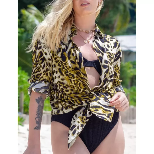 Bsubseach Women Long Sleeve Beach Shirt Blouses Bathing Suit Cover Up Button Down Collar