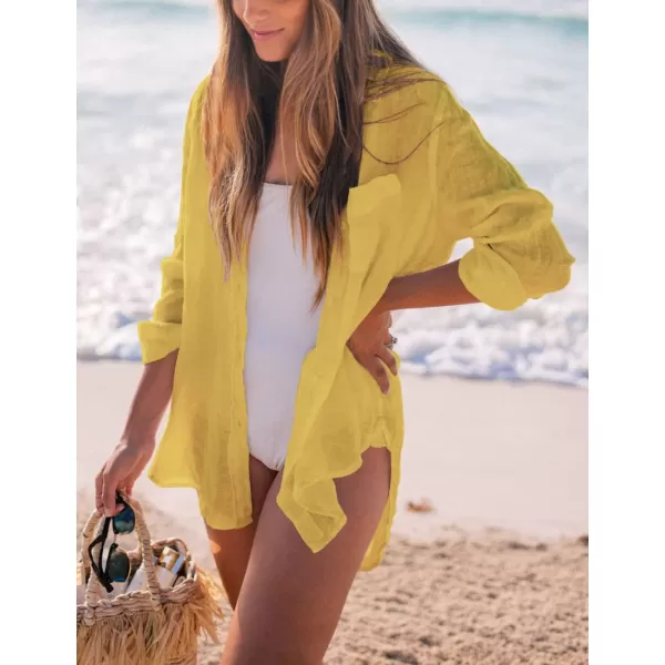 Bsubseach Women Long Sleeve Beach Shirt Blouses Bathing Suit Cover Up Button Down Collar