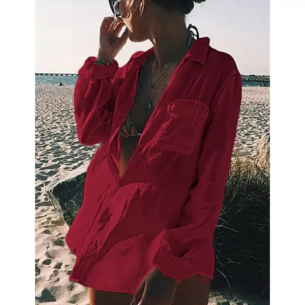 Bsubseach Women Long Sleeve Beach Shirt Blouses Bathing Suit Cover Up Button Down Collar