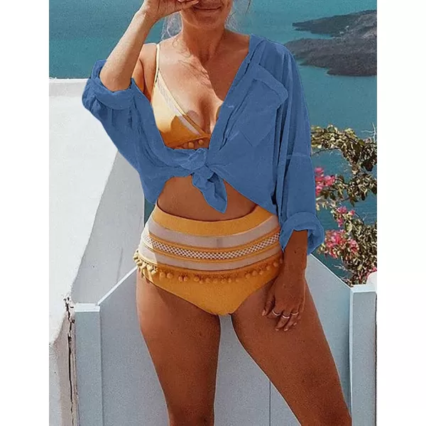 Bsubseach Women Long Sleeve Beach Shirt Blouses Bathing Suit Cover Up Button Down Collar