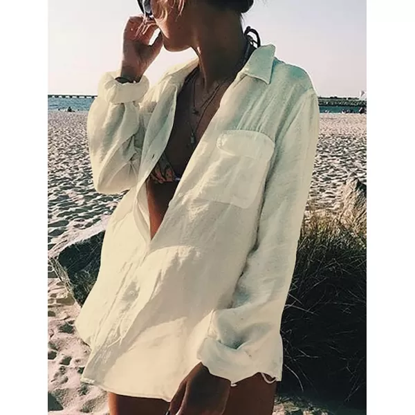 Bsubseach Women Long Sleeve Beach Shirt Blouses Bathing Suit Cover Up Button Down Collar