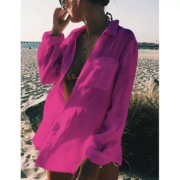 Bsubseach Women Long Sleeve Beach Shirt Blouses Bathing Suit Cover Up Button Down Collar