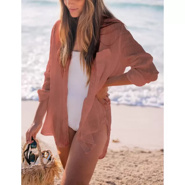 Bsubseach Women Long Sleeve Beach Shirt Blouses Bathing Suit Cover Up Button Down Collar