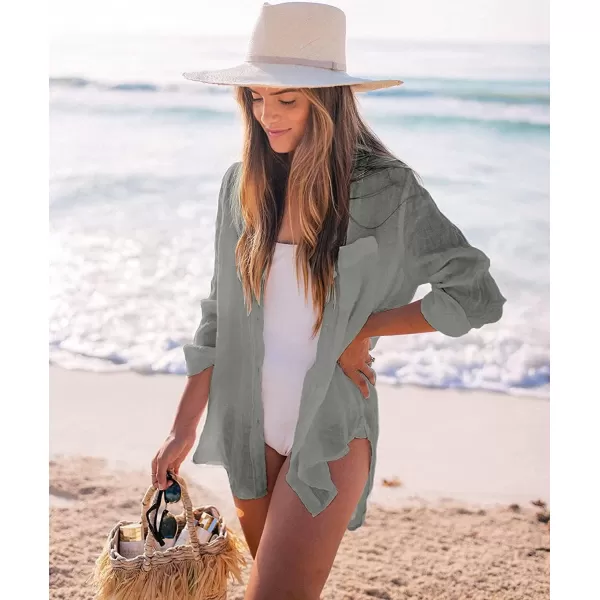 Bsubseach Women Long Sleeve Beach Shirt Blouses Bathing Suit Cover Up Button Down Collar