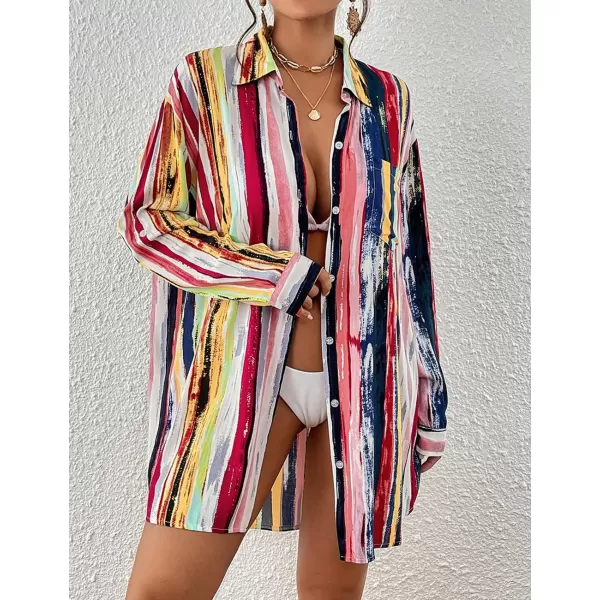 Bsubseach Women Long Sleeve Beach Shirt Blouses Bathing Suit Cover Up Button Down Collar