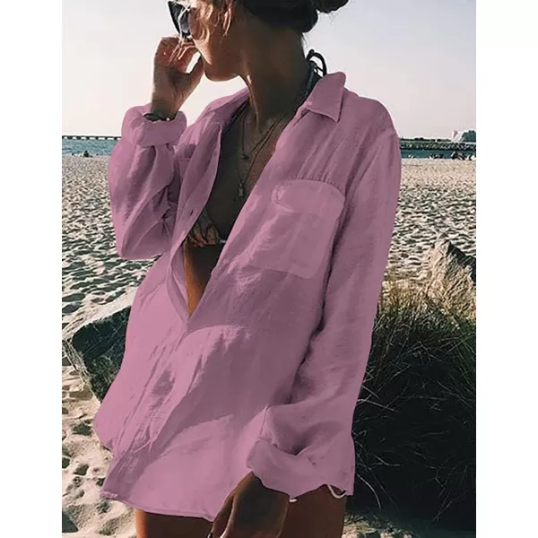 Bsubseach Women Long Sleeve Beach Shirt Blouses Bathing Suit Cover Up Button Down Collar