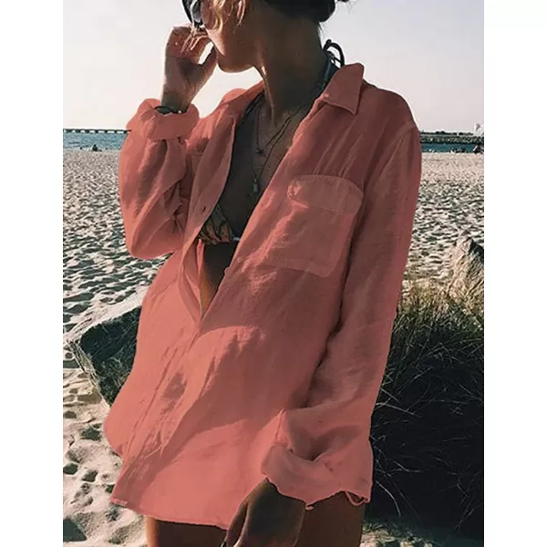Bsubseach Women Long Sleeve Beach Shirt Blouses Bathing Suit Cover Up Button Down Collar