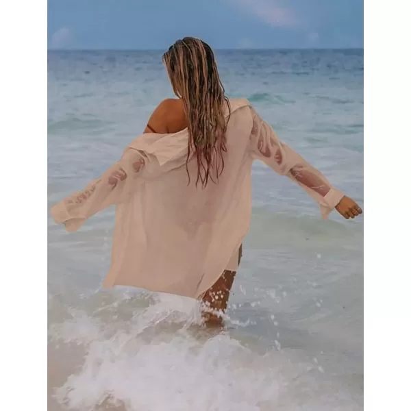 Bsubseach Women Long Sleeve Beach Shirt Blouses Bathing Suit Cover Up Button Down Collar