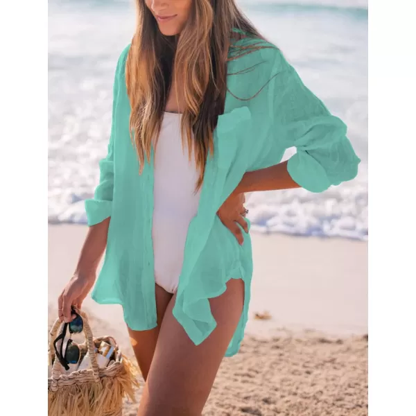 Bsubseach Women Long Sleeve Beach Shirt Blouses Bathing Suit Cover Up Button Down Collar