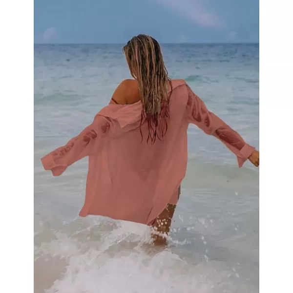 Bsubseach Women Long Sleeve Beach Shirt Blouses Bathing Suit Cover Up Button Down Collar