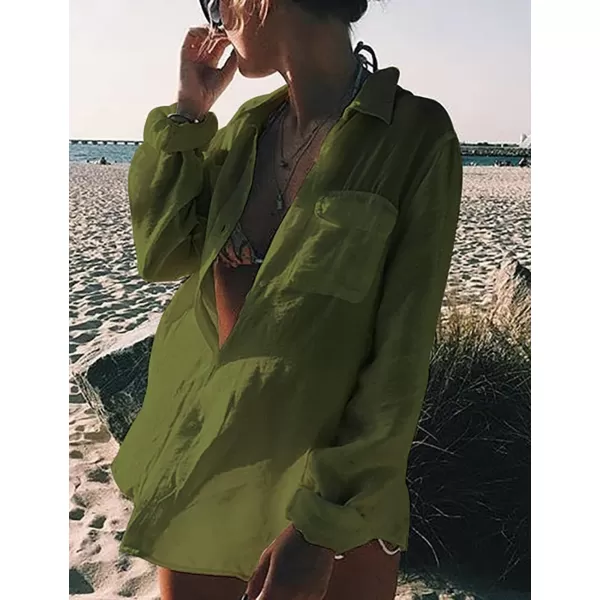 Bsubseach Women Long Sleeve Beach Shirt Blouses Bathing Suit Cover Up Button Down Collar
