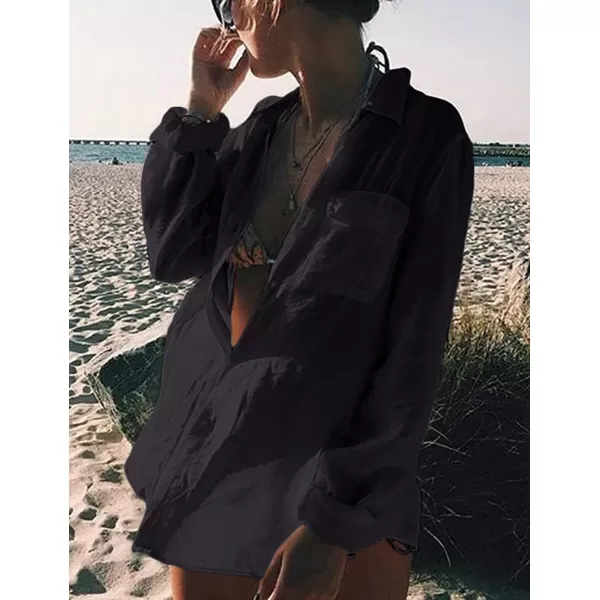 Bsubseach Women Long Sleeve Beach Shirt Blouses Bathing Suit Cover Up Button Down Collar