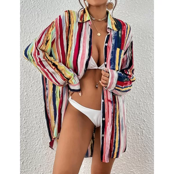 Bsubseach Women Long Sleeve Beach Shirt Blouses Bathing Suit Cover Up Button Down Collar