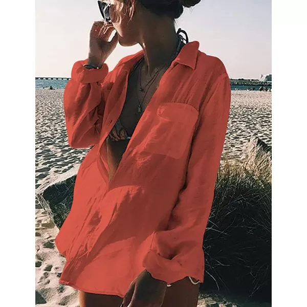 Bsubseach Women Long Sleeve Beach Shirt Blouses Bathing Suit Cover Up Button Down Collar
