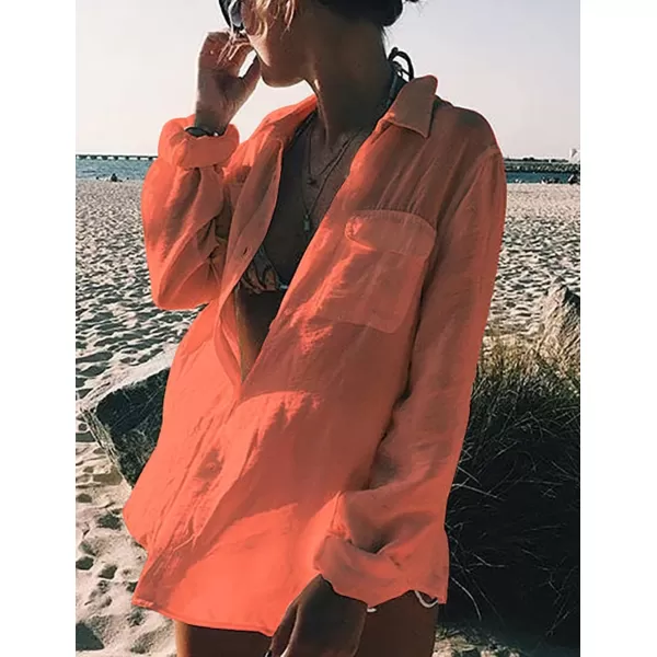 Bsubseach Women Long Sleeve Beach Shirt Blouses Bathing Suit Cover Up Button Down Collar