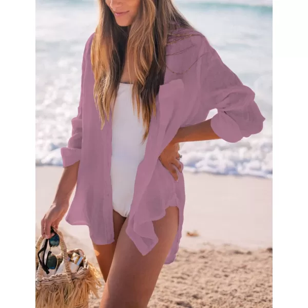 Bsubseach Women Long Sleeve Beach Shirt Blouses Bathing Suit Cover Up Button Down Collar