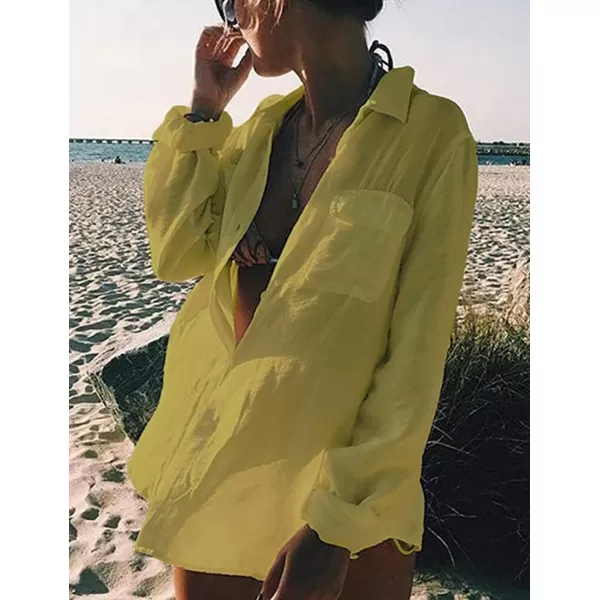 Bsubseach Women Long Sleeve Beach Shirt Blouses Bathing Suit Cover Up Button Down Collar