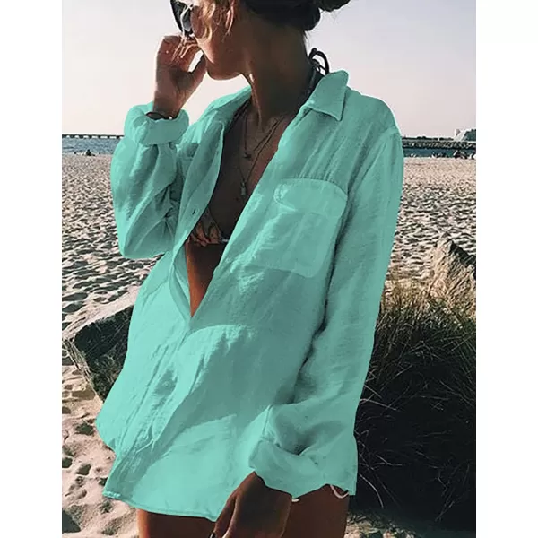 Bsubseach Women Long Sleeve Beach Shirt Blouses Bathing Suit Cover Up Button Down Collar