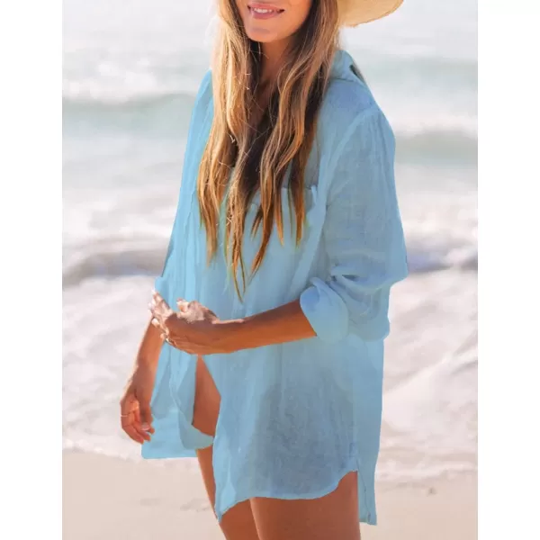 Bsubseach Women Long Sleeve Beach Shirt Blouses Bathing Suit Cover Up Button Down Collar